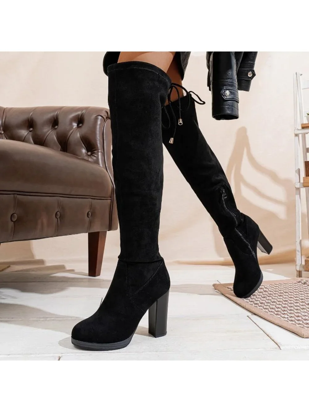 Women's Black Block Heel Round Toe Faux Suede Over The Knee Thigh High Boots